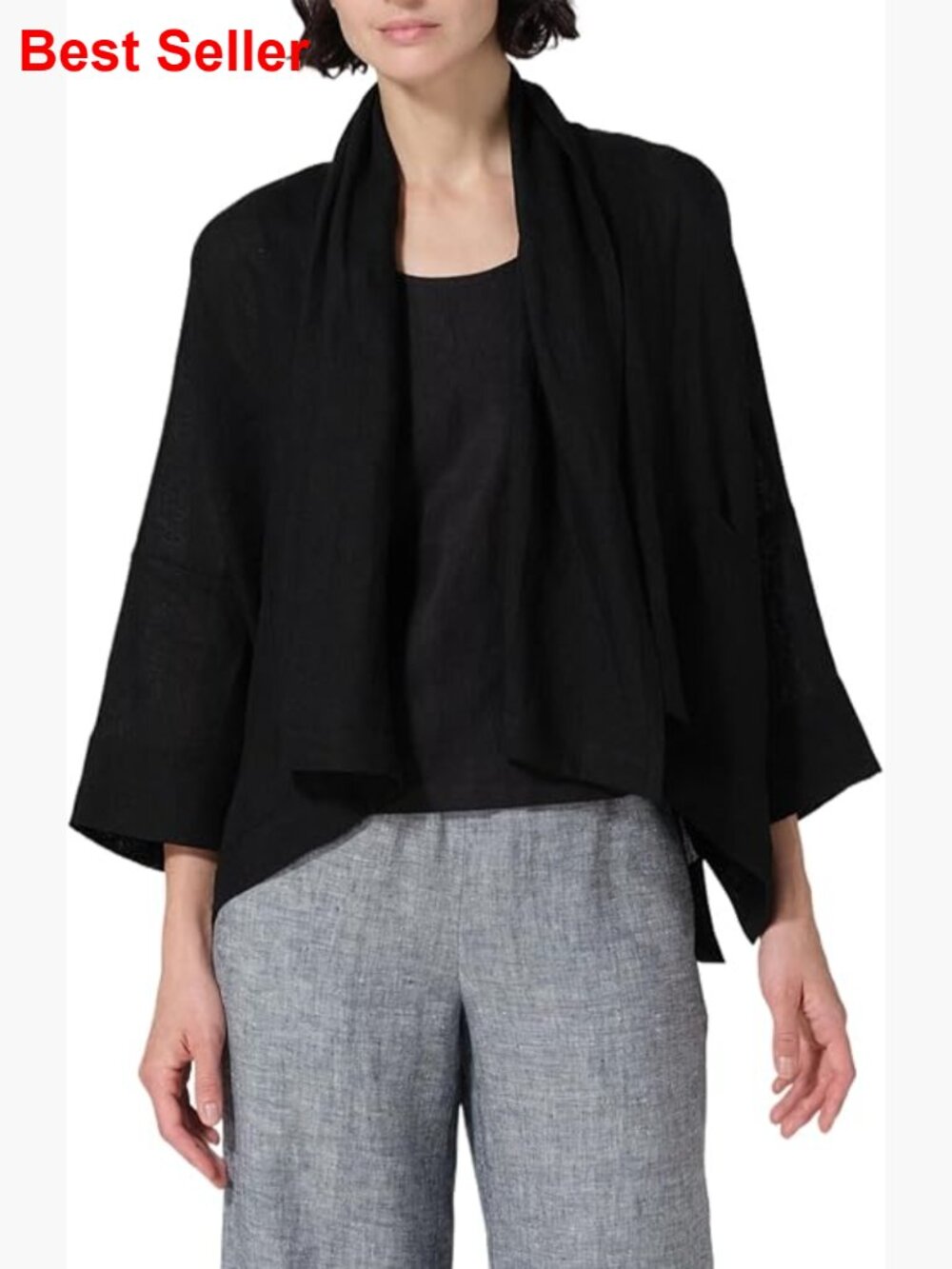 Linen Blend Lightweight 3/4 Sleeve Cardigan Shrug Kimono Cover Up